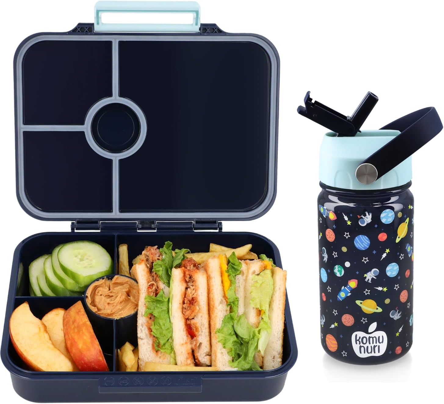 LeakProof Tritan Bento Box & Spill-Proof Insulated Water Bottle, Dishwasher Safe, BPA Free (Deep Blue - Space/Astronaut/Planets)