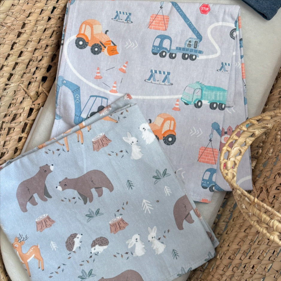 BEAR HUGS & DIGGERS FLANNEL SWADDLE