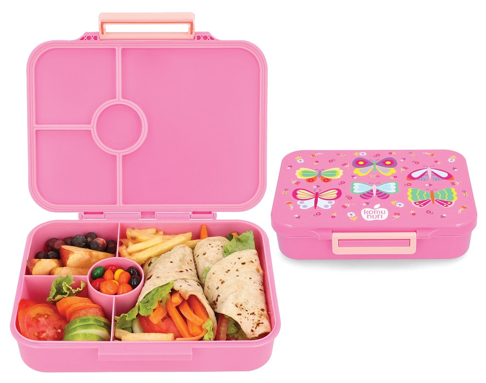 LeakProof Bento Lunch Box - 4 Or 5 Compartments - True Pink - Butterflies & Flowers