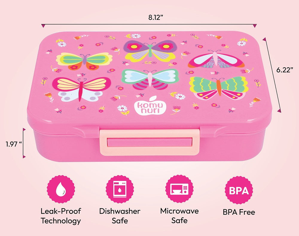 LeakProof Bento Lunch Box - 4 Or 5 Compartments - True Pink - Butterflies & Flowers