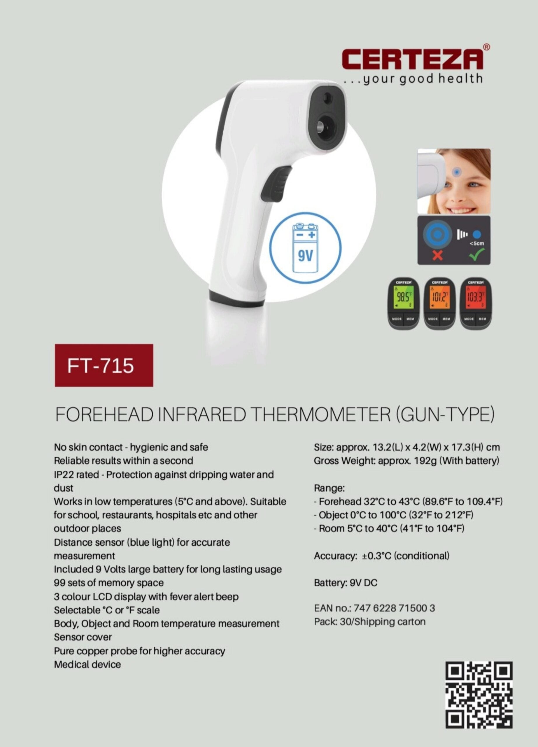 CERTEZA FT-715 Non contact thermometer (Gun-type) with 9V battery